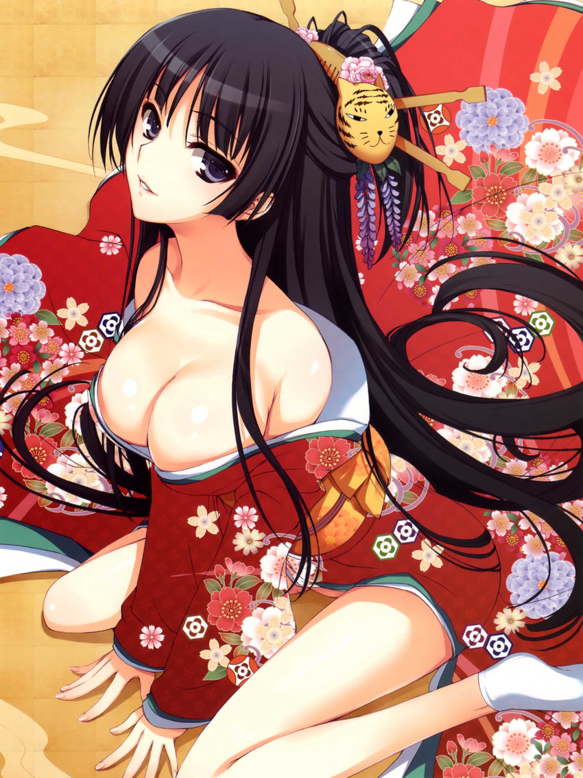 absurdres bare_shoulders black_hair breasts cleavage collarbone copyright_request downblouse february floral_print hexagon highres january japanese_clothes kimono large_breasts long_hair new_year off_shoulder original shippou_(pattern) sitting solo tomose_shunsaku very_long_hair wariza