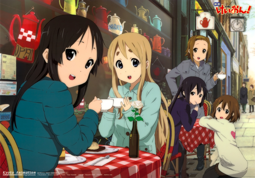 absurdres akitake_seiichi akiyama_mio black_eyes black_hair blonde_hair blue_eyes brown_hair casual drink hairband highres hirasawa_yui image_sample k-on! k-on!_movie kotobuki_tsumugi long_hair looking_back multiple_girls nakano_azusa non-web_source official_art ooishi_nozomi pantyhose scan short_hair tainaka_ritsu translation_request twintails ura_akihiro very_long_hair yandere_sample yoneda_yuka