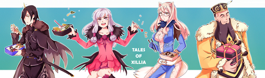 3boys absurdres agria_(tales) beard black_hair blue_background bodysuit breasts cameo chopsticks coat copyright_name dress facial_hair food freckles fur_trim gaius_(tales) glasses hair_intakes hat highres jiao_(tales) long_hair long_image medium_breasts mitsukato multiple_boys multiple_girls obentou pink_hair presa_(tales) red_dress skin_tight star tales_of_(series) tales_of_xillia white_hair wide_image wingul_(tales) yellow_eyes