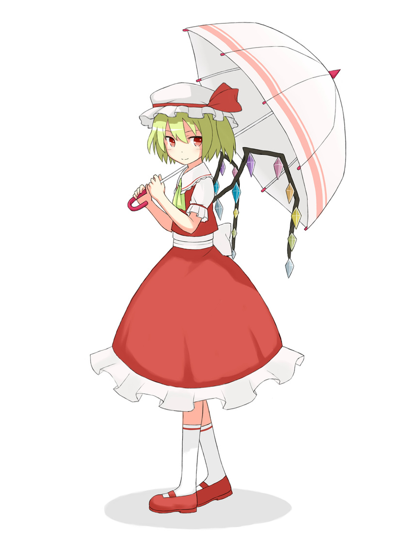 ascot bat_wings blonde_hair dress flandre_scarlet full_body highres mary_janes red_eyes rukah shoes short_hair side_ponytail simple_background smile solo standing touhou umbrella walking wings