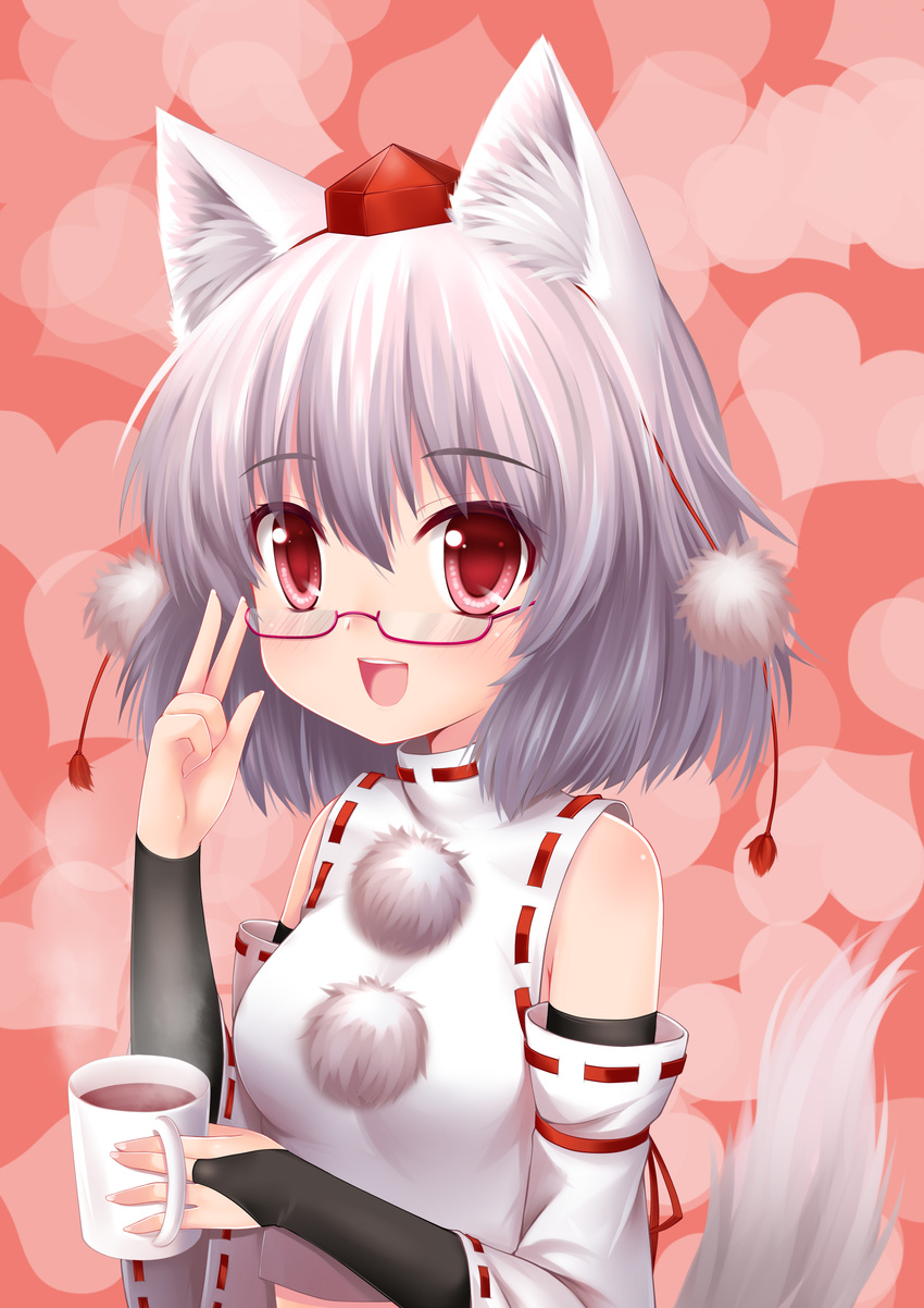 absurdres animal_ears bare_shoulders bespectacled blush breasts bridal_gauntlets coffee cup detached_sleeves glasses hat heart heart_background highres inubashiri_momiji medium_breasts mug open_mouth pom_pom_(clothes) purple-framed_eyewear semi-rimless_eyewear short_hair silver_hair smile solo tail tokin_hat touhou upper_body wolf_ears wolf_tail wolflong