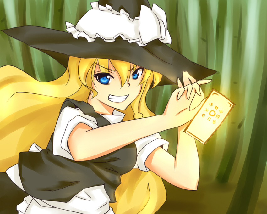 apron bad_id bad_pixiv_id bamboo bamboo_forest blonde_hair blue_eyes bow braid cheungchz forest grin hand_on_headwear hat kirisame_marisa long_hair looking_at_viewer nature short_sleeves smile solo spell_card touhou trigram vest witch_hat