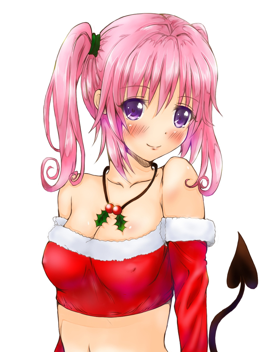 blush breasts christmas cleavage erect_nipples highres nana_asta_deviluke navel pink_hair santa santa_costume tail to_love-ru toloveru twintails