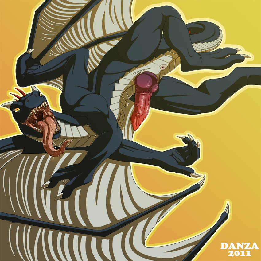amber_eyes anus danza dragon erection feral gaping_maw genital_slit horn knot lying male open_mouth pattarchus penis saliva scalie sheath slit solo tongue vein veins wings