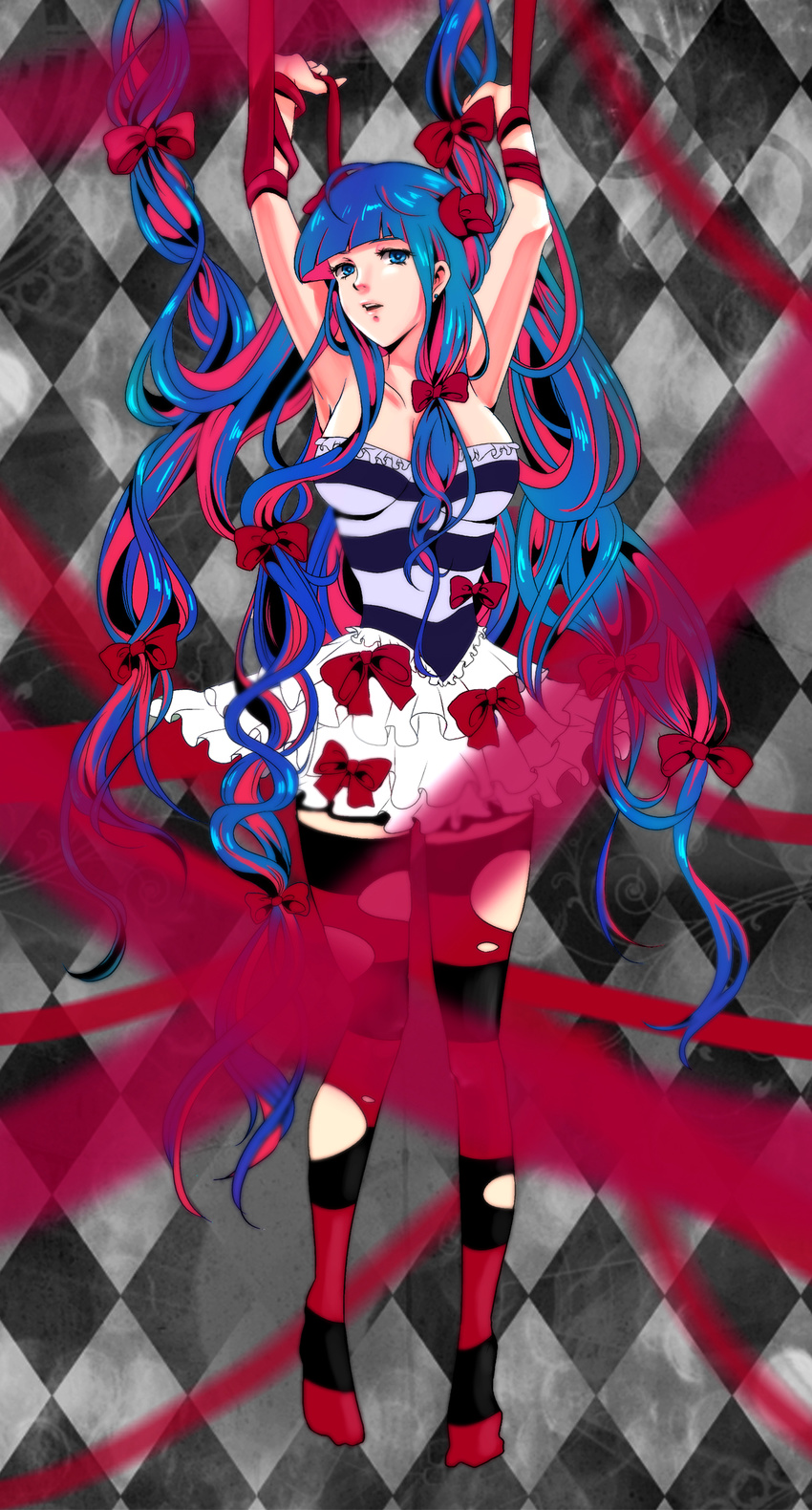 absurdres argyle argyle_background armpits arms_up bare_shoulders blue_eyes blurry bow depth_of_field frills gino0808 highres lolita_fashion long_hair multicolored_hair open_mouth panty_&amp;_stocking_with_garterbelt petticoat ribbon solo stocking_(psg) striped striped_legwear thighhighs tiptoes torn_clothes torn_legwear two-tone_hair very_long_hair