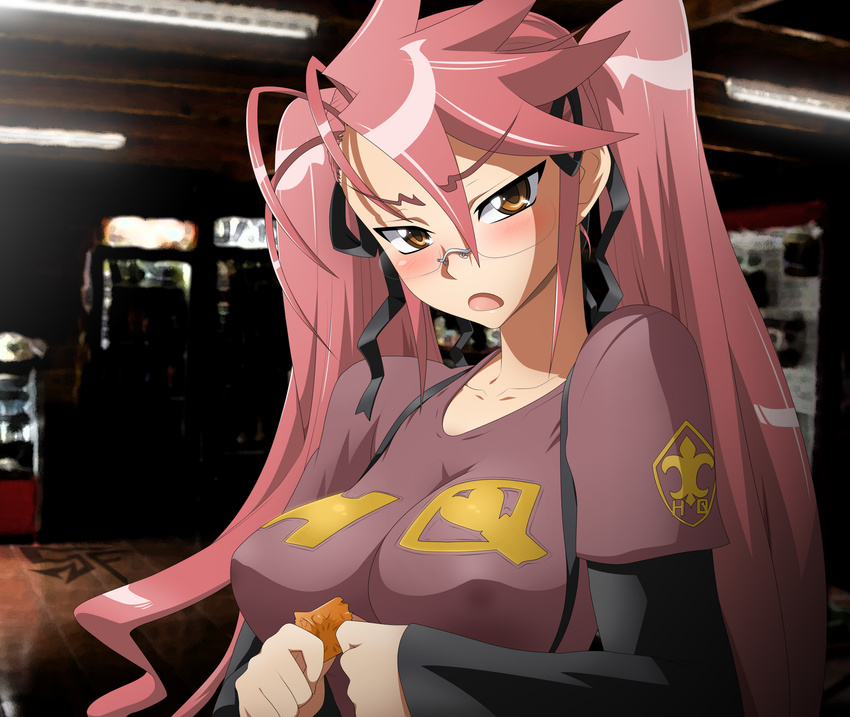 blush breasts condom glasses highres highschool_of_the_dead large_breasts pink_hair stiky_finkaz takagi_saya twintails yellow_eyes