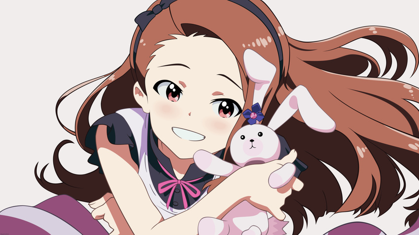 blush brown_hair hairband highres idolmaster idolmaster_(classic) long_hair minase_iori negativezero red_eyes simple_background smile solo stuffed_animal stuffed_bunny stuffed_toy teeth vector_trace wallpaper