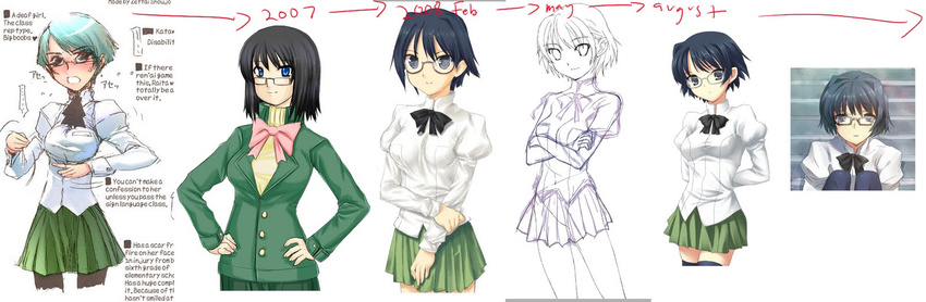 blue_eyes blue_hair blush bow bowtie deaf glasses hakamichi_shizune highres katawa_shoujo short_hair timeline