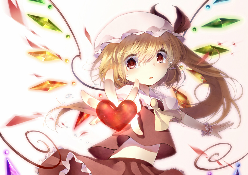 ascot bad_id bad_pixiv_id blonde_hair blush flandre_scarlet hat hat_ribbon heart highres looking_at_viewer midriff open_mouth outstretched_arms outstretched_hand red_eyes ribbon shirt short_hair side_ponytail skirt skirt_set solo tears tepes touhou wings wrist_cuffs