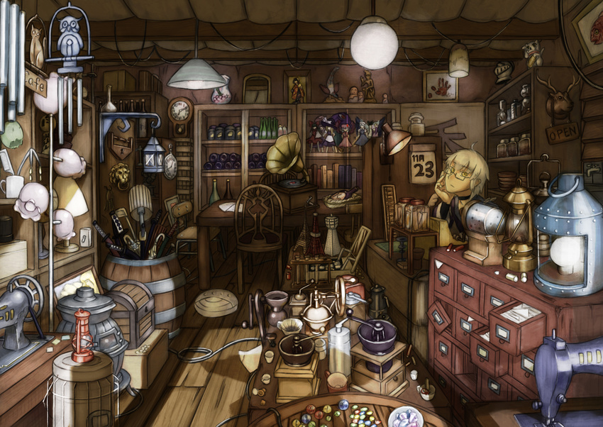 ahoge book bottle calendar_(object) chair character_doll clock cupboard door_knocker drawer figure glasses hakurei_reimu hand_on_own_cheek helmet highres izayoi_sakuya jar kerosene_lamp kirisame_marisa kourindou lamp lantern light lock male_focus maneki-neko marble morichika_rinnosuke padlock patchouli_knowledge phonograph reiuji_utsuho remilia_scarlet ringoanu room sewing_machine shelf shop solo stove stuffed_head sword tatara_kogasa touhou treasure_chest umbrella utensil weapon white_hair wind_chime yakumo_yukari yellow_eyes