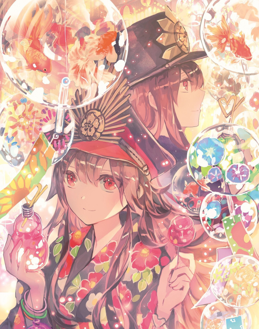 1boy 1girl black_kimono blue_flower bracelet brother_and_sister brown_hair candy_apple closed_mouth commentary_request crazy_straw dot_nose drinking_straw fate/grand_order fate_(series) fish floating_hair floral_print flower food goldfish hair_between_eyes haori hat highres holding japanese_clothes jewelry kimono long_hair long_sleeves looking_at_viewer obi oda_nobukatsu_(fate/grand_order) oda_nobunaga_(fate) peaked_cap profile red_eyes rioka_(southern_blue_sky) sash siblings smile wide_sleeves wind_chime