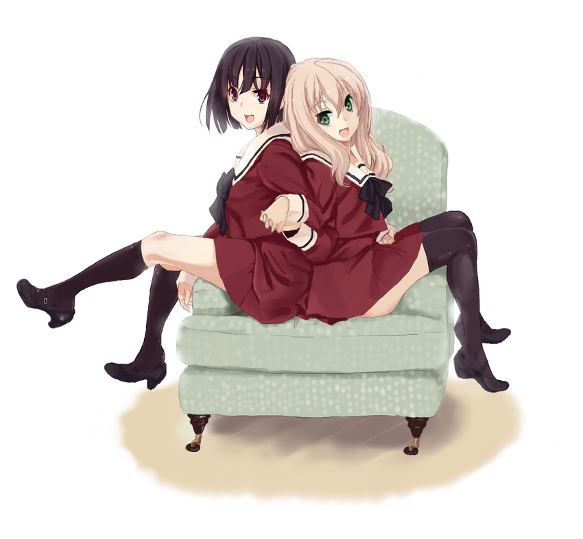 armchair black_hair black_legwear blonde_hair chair green_eyes highres holding_hands kawamura_reo kirisato_itsuki kneehighs long_hair mary_janes multiple_girls red_eyes ribbon sawaguchi_mai school_uniform shoe_dangle shoes short_hair simple_background sitting skirt smile socks sono_hanabira_ni_kuchizuke_wo st._michael's_school_uniform thighhighs white_background yuri zettai_ryouiki