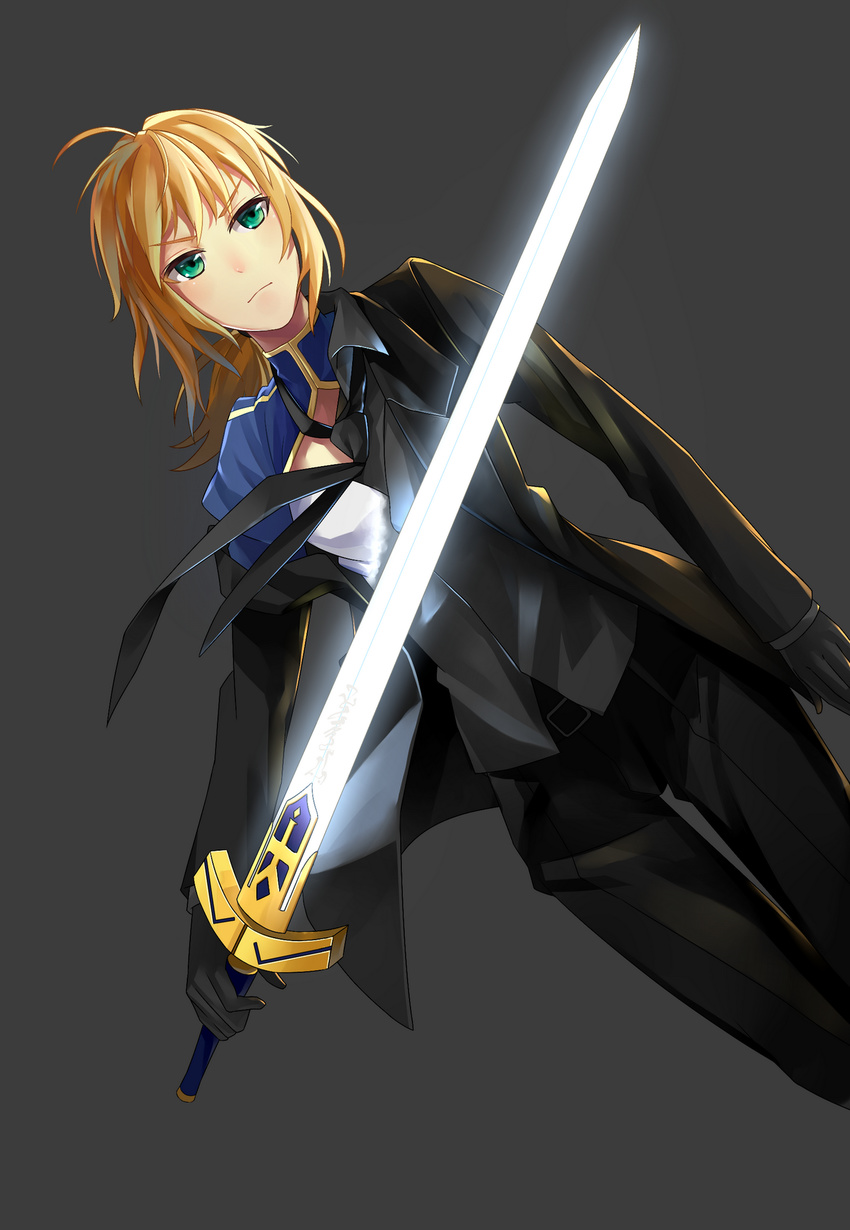 ahoge artoria_pendragon_(all) bad_id bad_pixiv_id black_gloves blonde_hair dutch_angle excalibur fate/zero fate_(series) formal gloves glowing glowing_sword glowing_weapon green_eyes highres lightofheaven long_hair necktie pant_suit ponytail saber solo suit sword weapon