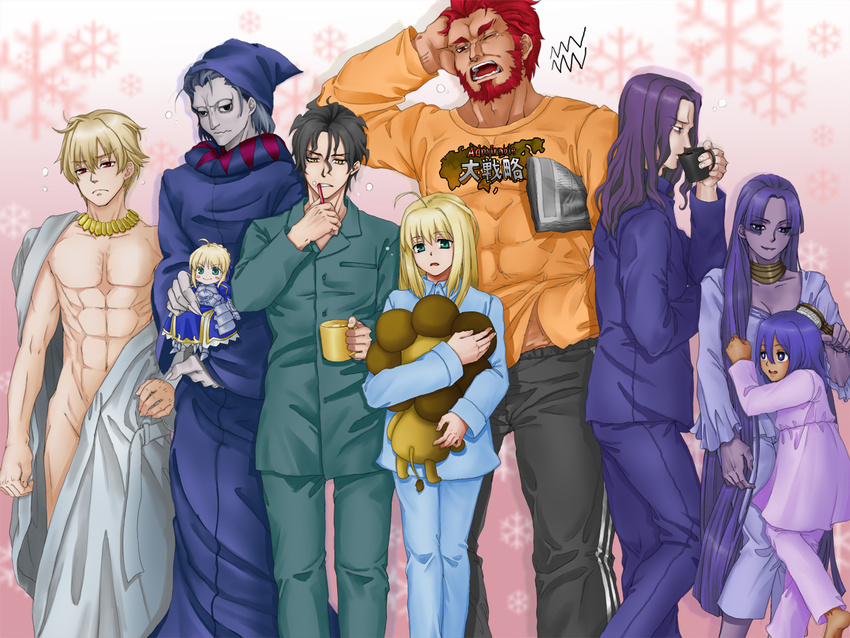 5boys ahoge artoria_pendragon_(all) assassin_(fate/zero) beard berserker_(fate/zero) black_hair blonde_hair blue_hair breasts brush brushing_teeth bubble caster_(fate/zero) child_assassin_(fate/zero) cleavage cup doll facial_hair fate/zero fate_(series) female_assassin_(fate/zero) gilgamesh green_eyes hair_brush hair_brushing hair_down hat hug jewelry lancelot_(fate/zero) lancer_(fate/zero) lion long_hair medium_breasts messy_hair mug multiple_boys multiple_girls naked_sheet necklace newspaper nightcap pajamas panpanmaru purple_eyes purple_hair red_eyes red_hair rider_(fate/zero) saber short_hair smile snowflakes spoilers stuffed_animal stuffed_lion stuffed_toy toothbrush very_long_hair wavy_mouth