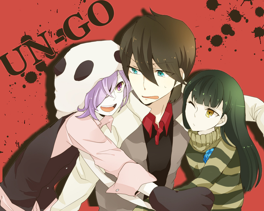 2boys android bad_id bad_pixiv_id black_hair blue_eyes hair_over_one_eye hat inga long_hair multiple_boys one_eye_closed open_mouth panda_hat purple_eyes purple_hair sasa_kazamori short_hair smile taka_tani turtleneck un-go yellow_eyes yuuki_shinjuurou