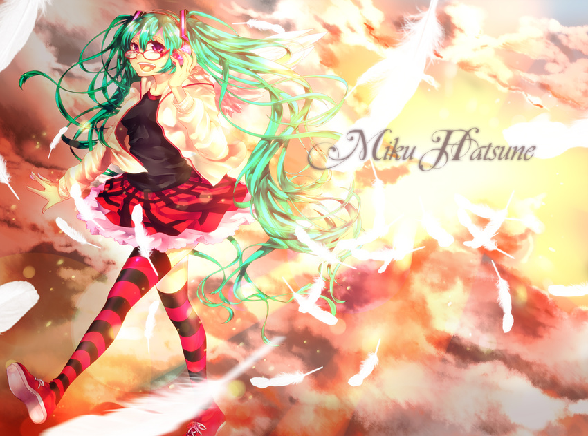 96neko_mtm bad_id bad_pixiv_id bespectacled character_name checkered checkered_skirt cloud cloudy_sky feathers glasses green_hair hatsune_miku headphones jacket long_hair open_mouth purple_eyes shoes skirt sky sneakers solo striped striped_legwear sunlight thighhighs twintails very_long_hair vocaloid