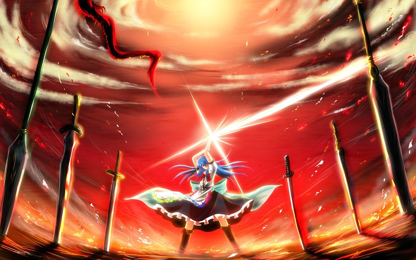 alternate_weapon apron arm_grab arm_up bad_id bad_pixiv_id blouse blue_hair boots cloud fate/stay_night fate_(series) field_of_blades highres hinanawi_tenshi katana lace long_hair nekominase no_hat no_headwear planted_sword planted_weapon polearm pose red_eyes skirt sky solo spear sword touhou unlimited_blade_works weapon