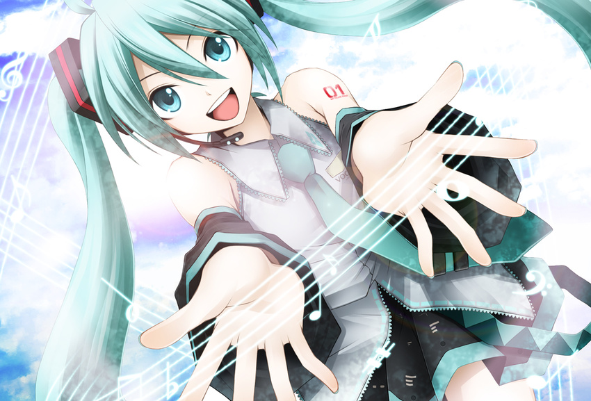 :d aqua_eyes aqua_hair bad_id bad_pixiv_id cloud detached_sleeves foreshortening hatsune_miku headset kuromayu long_hair musical_note necktie open_mouth outstretched_arms skirt smile solo twintails vocaloid