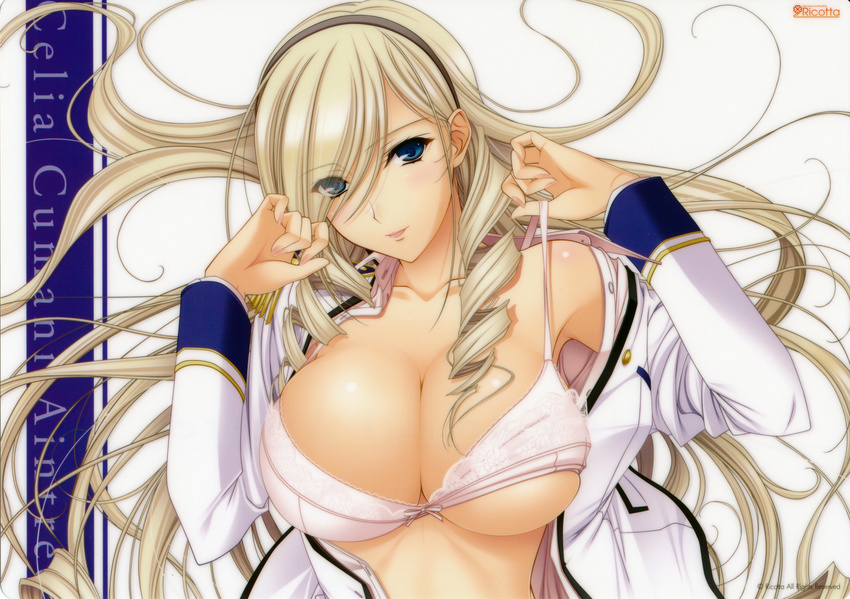 absurdres armpits bangs bare_shoulders blazer blue_eyes blush bow bow_bra bra bra_lift breasts buttons celia_kumani_entory character_name cleavage company_name drill_hair epaulettes eyes_visible_through_hair fingernails hair_spread_out hairband highres jacket komori_kei lace lace-trimmed_bra large_breasts light_smile lingerie logo long_fingernails long_hair long_sleeves looking_at_viewer off_shoulder official_art open_blazer open_clothes open_jacket scan school_uniform shiny shiny_skin sidelocks simple_background skindentation smile solo strap_lift unbuttoned underboob underwear undressing upper_body very_long_hair walkure_romanze white_background white_hair