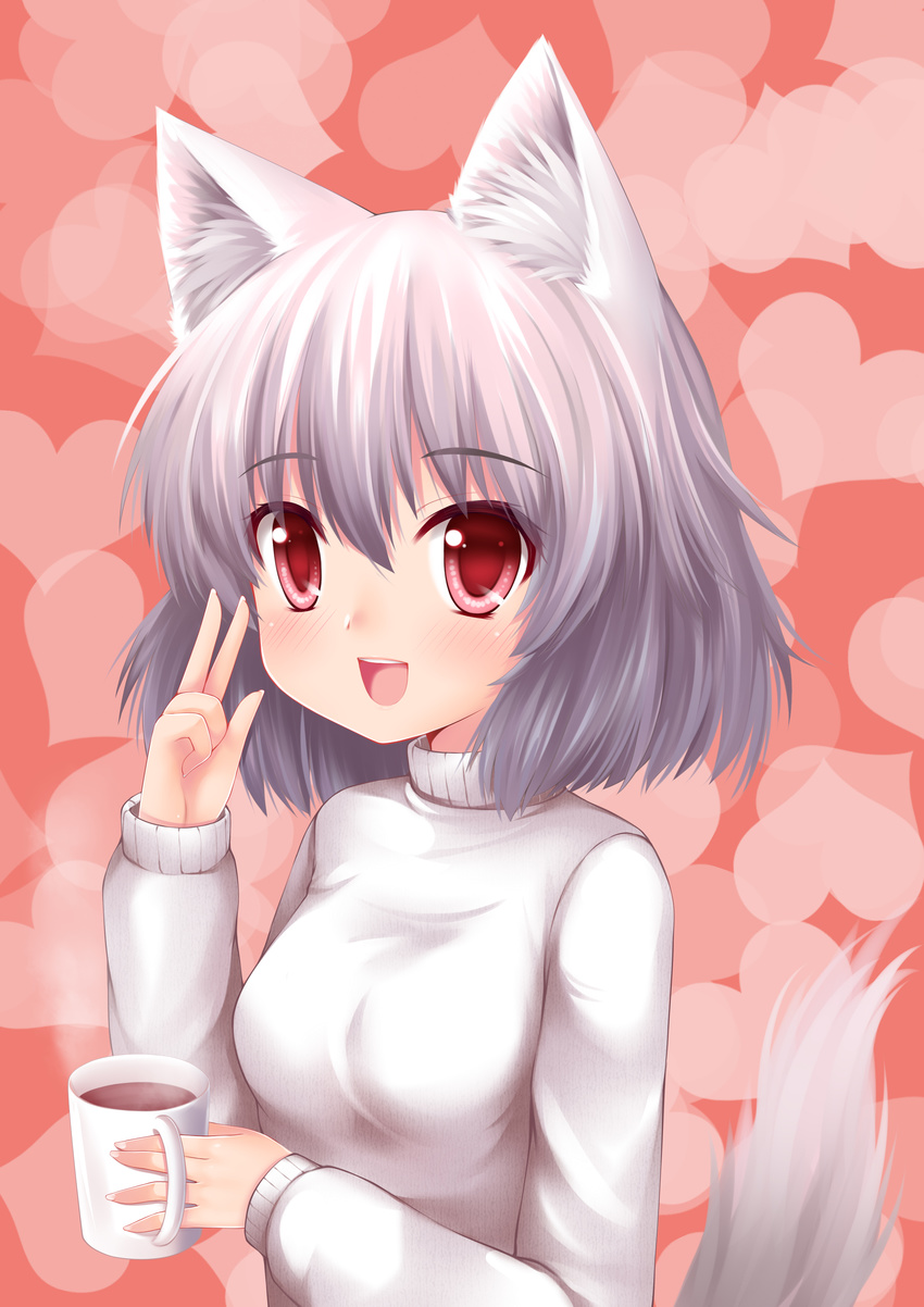 absurdres alternate_costume animal_ears blush breasts casual coffee cup heart highres inubashiri_momiji medium_breasts mug open_mouth red_eyes short_hair silver_hair smile solo sweater tail touhou upper_body wolf_ears wolf_tail wolflong