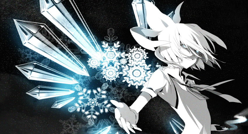 blue_eyes bow cirno hair_bow highres ice ice_wings monochrome outstretched_hand ribbon snowflakes solo spot_color touhou tsukimoto_aoi wallpaper wings