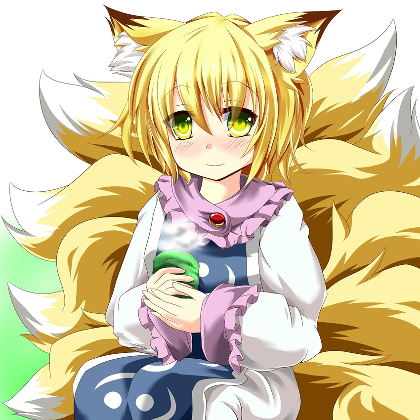 animal_ears bad_id bad_pixiv_id blonde_hair blush fox_ears fox_tail highres kmkm9696 multiple_tails no_hat no_headwear short_hair smile solo tail touhou yakumo_ran yellow_eyes