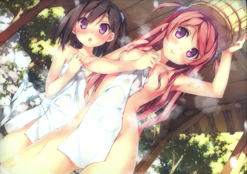 :o absurdres areolae black_hair blush breasts bucket bucket_on_head covering dutch_angle hair_censor highres kantoku kurumi_(kantoku) multiple_girls naked_towel nude_cover object_on_head one_side_up onsen open_mouth original pink_hair purple_eyes scan shizuku_(kantoku) small_breasts smile steam towel tree two_side_up wet white_towel wooden_bucket