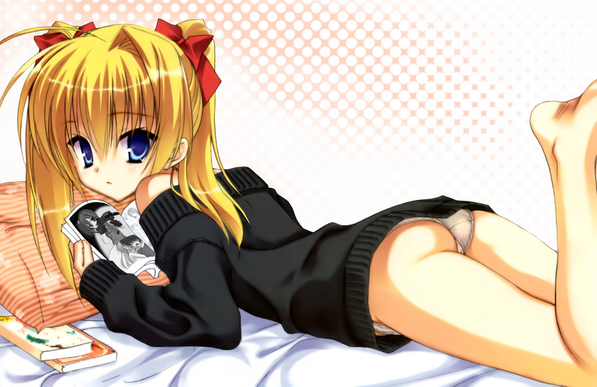 absurdres ass assault_rifle bare_shoulders barefoot bed blonde_hair blue_eyes feet gun highres kobuichi long_hair looking_back lying manga_(object) no_pants on_stomach original panties pillow reading rifle solo sweater twintails underwear weapon