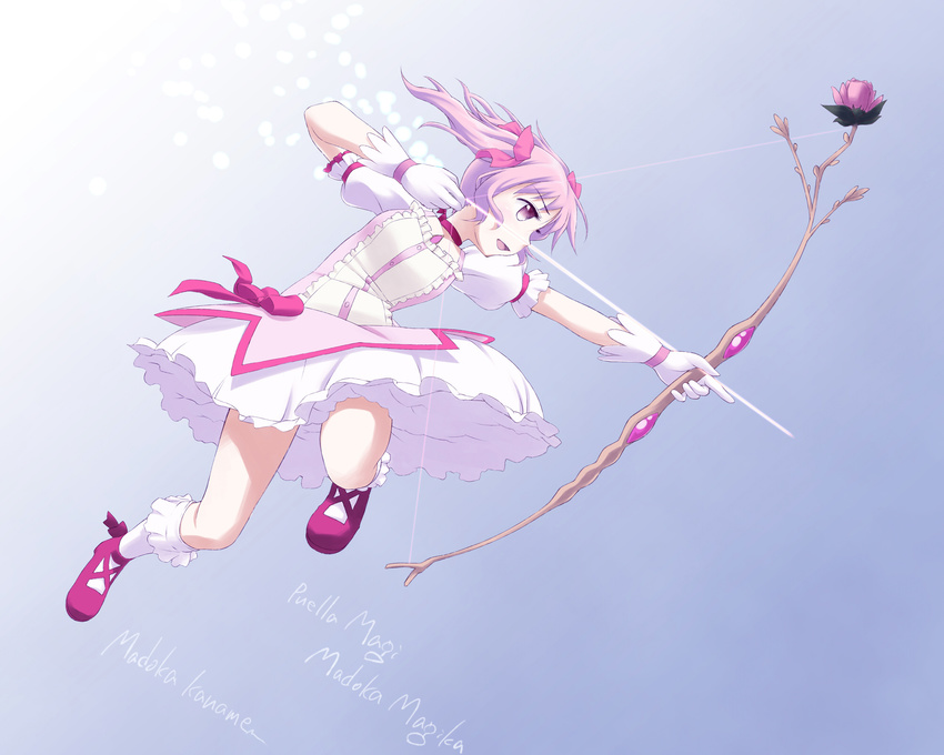 aiming arrow bow_(weapon) character_name copyright_name dancho_(danch) drawing_bow dress flower full_body gloves gradient gradient_background highres holding holding_arrow holding_bow_(weapon) holding_weapon kaname_madoka magical_girl mahou_shoujo_madoka_magica mary_janes outstretched_arm pink_eyes pink_hair shoes socks solo weapon white_gloves white_legwear