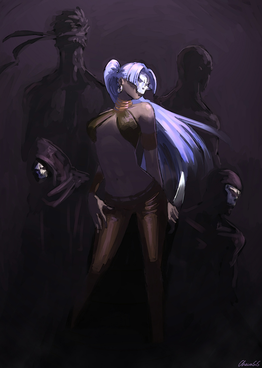 absurdres assassin_(fate/zero) bad_id bad_pixiv_id black_skin blue_hair breasts chevasis cloak dagger earrings fate/zero fate_(series) female_assassin_(fate/zero) highres jewelry knife mask medium_breasts midriff multiple_persona pants ponytail purple_hair robe skull_mask tight tight_pants underboob weapon