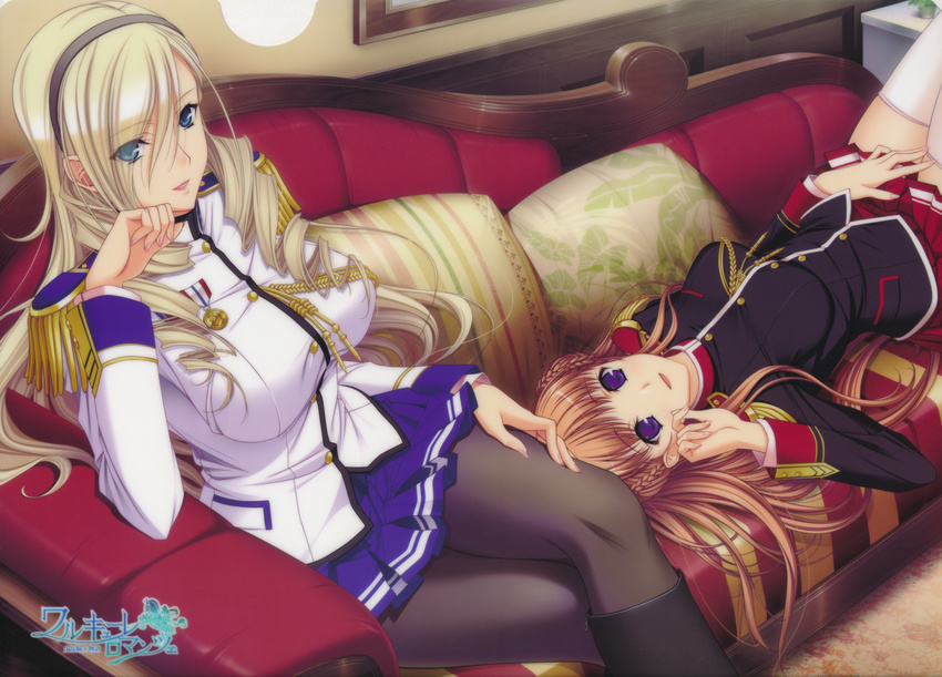 absurdres blonde_hair blue_eyes boots breasts brown_hair celia_kumani_entory chin_rest crossed_legs drill_hair epaulettes hairband highres komori_kei large_breasts legs long_hair lying miniskirt multiple_girls noel_maresse_ascot pantyhose purple_eyes scan school_uniform sitting skirt smile thighs walkure_romanze white_legwear