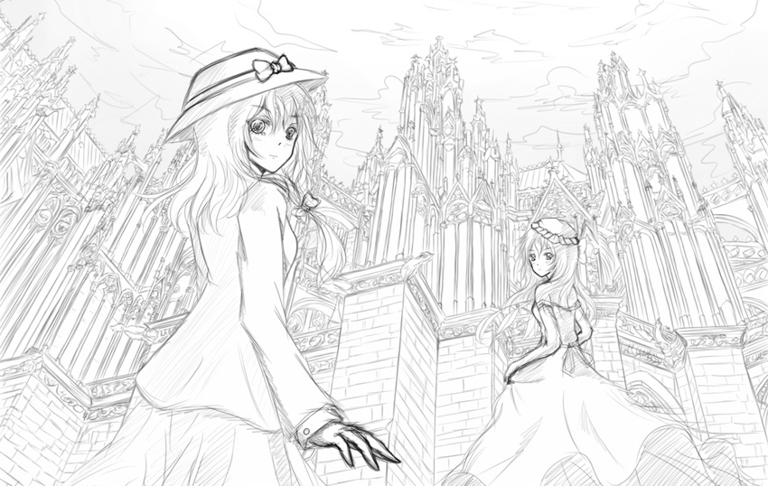 architecture bad_id bad_pixiv_id building dclockwork graphite_(medium) greyscale hat long_hair looking_back maribel_hearn monochrome multiple_girls touhou traditional_media usami_renko