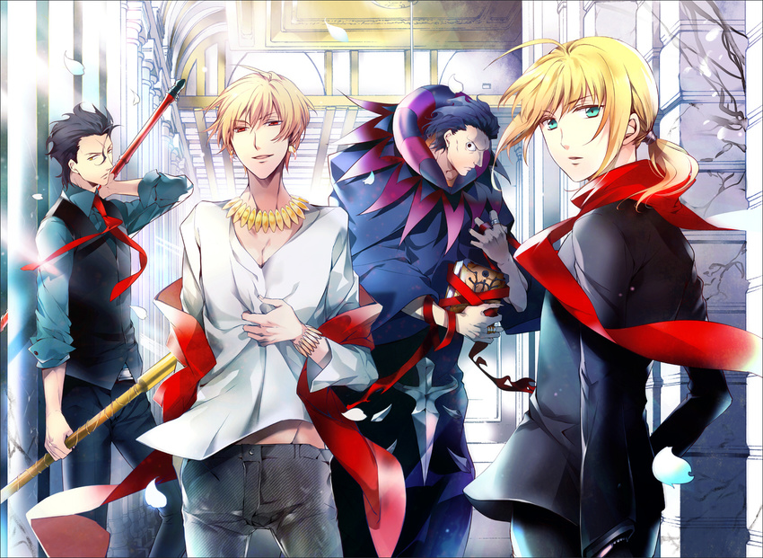 3boys ahoge artoria_pendragon_(all) black_hair blonde_hair book caster_(fate/zero) casual dual_wielding earrings fate/zero fate_(series) formal futaba_hazuki gae_buidhe gae_dearg gilgamesh green_eyes highres holding jewelry lancer_(fate/zero) md5_mismatch mole multiple_boys necktie pant_suit polearm ponytail red_eyes robe saber short_hair smile spear suit weapon yellow_eyes