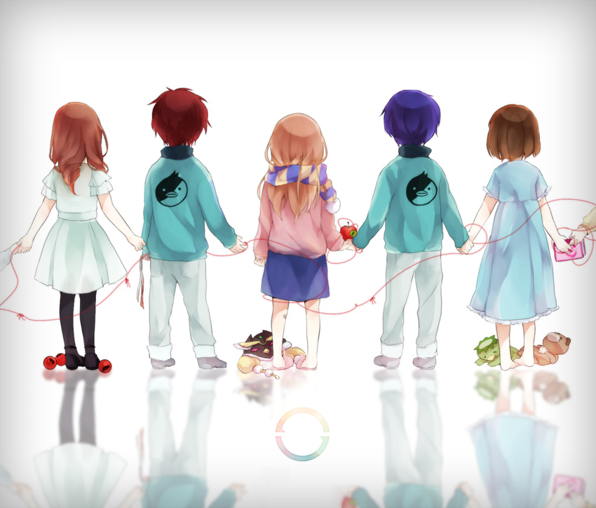 3girls back bird blue_hair book brown_hair child doll hat holding_hands mawaru_penguindrum multiple_boys multiple_girls natsume_masako oginome_momoka oginome_ringo pantyhose penguin red_hair red_string sachikan scarf short_hair string takakura_himari takakura_kanba takakura_shouma younger