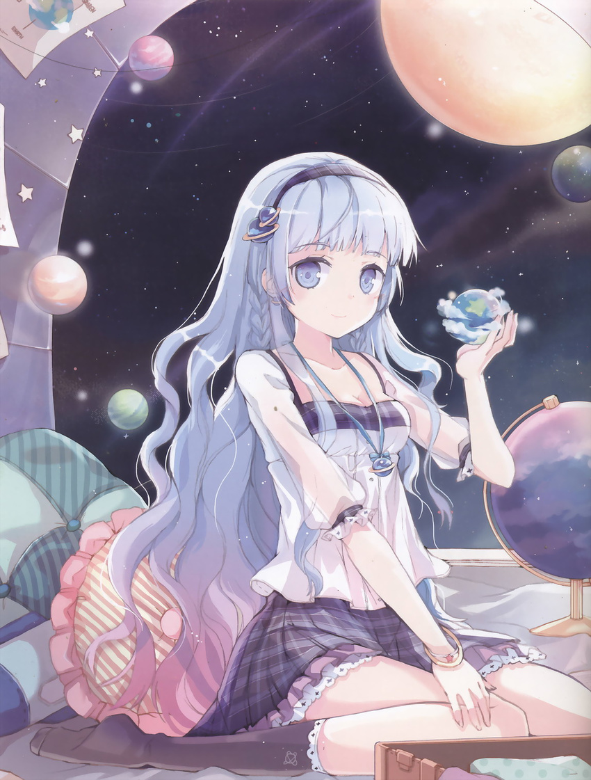 black_legwear blue_eyes blue_hair blush bracelet braid breasts cleavage cushion hair_ornament hairband highres jewelry jin_young-in kneehighs long_hair original planet planetarium pleated_skirt purple_hairband see-through sitting skirt sky small_breasts smile solo space star_(sky) starry_sky striped striped_skirt wariza