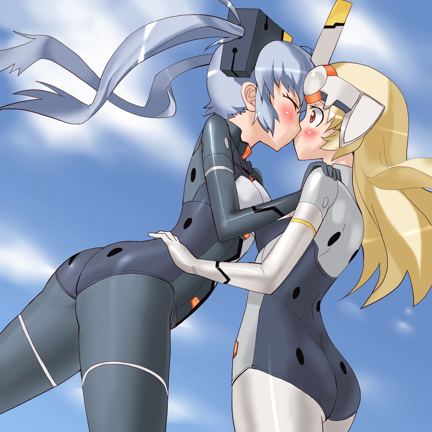 android arnval blue_hair blue_sky bodysuit busou_shinki closed_eyes cloud day hair_ornament hand_on_shoulder highres kiss koyopi long_hair multiple_girls otomedius otomedius_excellent red_eyes sky strarf surprise_kiss surprised twintails twisted_torso yuri