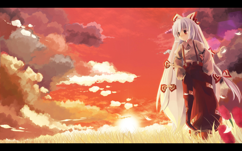 aya_(star) bad_id bad_pixiv_id cloud derivative_work dress_shirt fujiwara_no_mokou grass hair_ribbon hime_cut landscape long_hair nature ofuda pants red red_eyes red_pants red_sky ribbon scenery shirt sky solo staring suspenders touhou very_long_hair wallpaper white_hair white_shirt wing_collar yukitarou_(awamori)