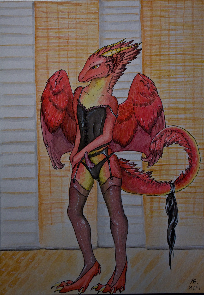 akulatraxas black black_clothing corsage corset crossdressing damoni dragon erection errection feather feathers garter_belt hi_res legwear lingerie male panties paws peen peener penis red red_feathers solo stockings underwear wings yellow yellow_body yellow_eyes