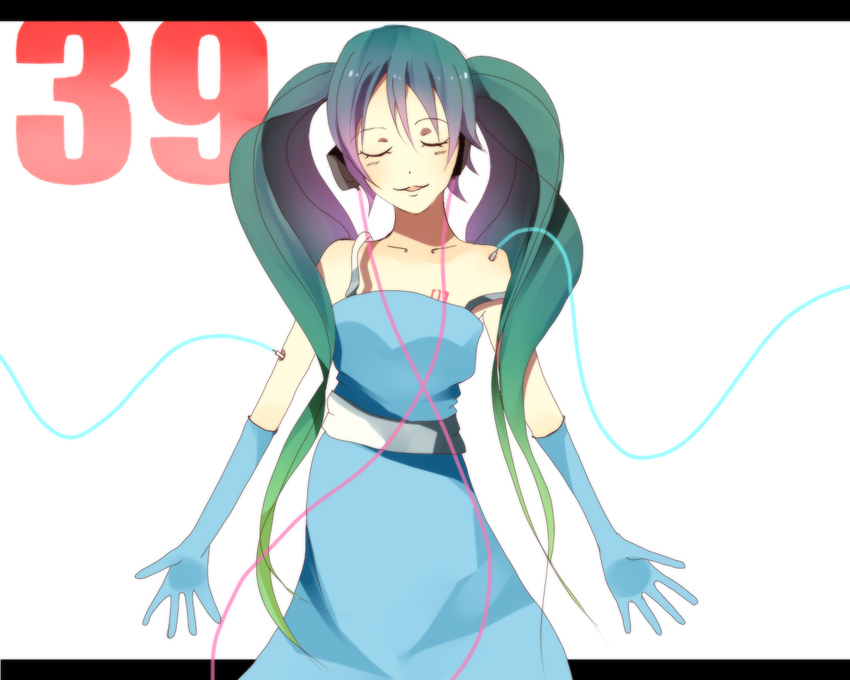 aqua_hair bad_id bad_pixiv_id bare_shoulders chisumi closed_eyes code dress elbow_gloves gloves green_hair hatsune_miku headset letterboxed long_hair mikupa open_hands outside_border solo twintails very_long_hair vocaloid