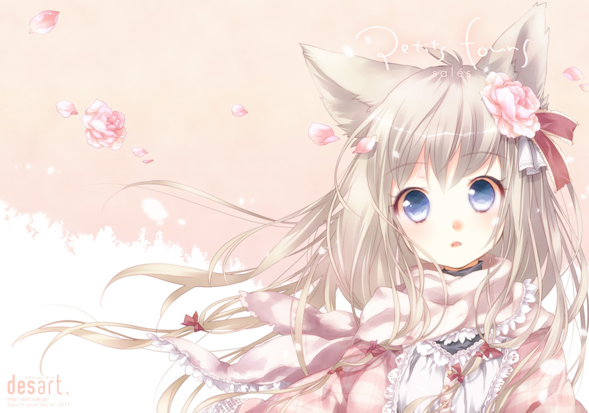 animal_ears blonde_hair blue_eyes cat_ears dress ech flower hair_flower hair_ornament hair_ribbon long_hair open_mouth original petals pink_dress pink_flower pink_rose ribbon rose scarf solo