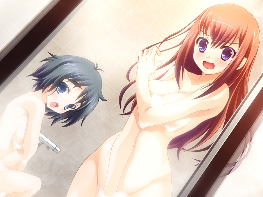 antenna_hair armpits bad_id bad_pixiv_id bangs bathing bathroom black_hair blue_eyes blush breasts collarbone colored_eyelashes covering covering_breasts covering_crotch cowboy_shot dutch_angle embarrassed emi_minarai eyebrows from_side groin hips indoors knees_up long_hair looking_at_viewer looking_back makise_kurisu multiple_girls navel nude open_mouth parted_bangs raised_eyebrows red_hair shared_bathing shiina_mayuri short_hair sideboob sidelocks sitting small_breasts soap_bubbles spread_legs standing steins;gate surprised thick_eyebrows tile_wall tiles walk-in wavy_mouth wide_hips