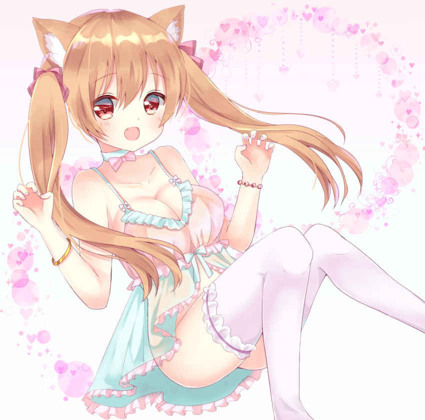 1girl :d animal_ears bangs bow bow_babydoll bow_choker braid breasts brown_hair cat_ears choker claw_pose cleavage commentary eyebrows_visible_through_hair fang frilled_babydoll garters hair_bow hamikoron heart invisible_chair legs light_blush lingerie looking_at_viewer medium_breasts nail_polish no_panties open_mouth original pink_babydoll pink_bow purple_legwear purple_nails red_eyes sitting smile solo sparkle thighhighs twintails underwear white_choker