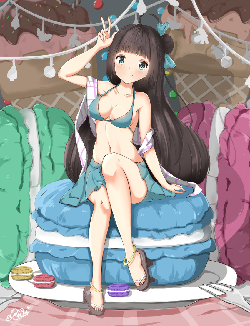 1girl absurdres ahoge anklet arm_support bangs bikini bikini_skirt black_hair blue_bikini blue_eyes blue_ribbon blue_skirt breasts closed_mouth commentary english_commentary eyebrows_visible_through_hair food fork full_body geta hair_bun hair_ribbon highres ice_cream_cone jewelry leaning_to_the_side leg_up legs light_blush long_hair looking_at_viewer macaron medium_breasts miniskirt navel original oversized_object plate qianxiaolin ribbon sandals shawl side_bun sitting sitting_on_food skirt smile solo straight_hair swimsuit w white_shawl