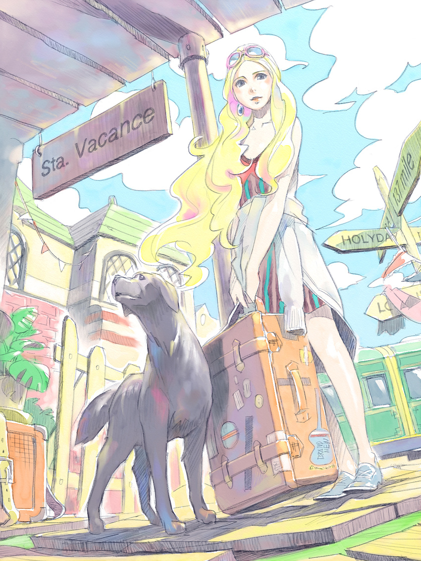 bad_id bad_pixiv_id blonde_hair blue_eyes cloud day dog earrings fence from_below highres jewelry leaf lips long_hair original plant pomodorosa potted_plant sign solo suitcase sunglasses