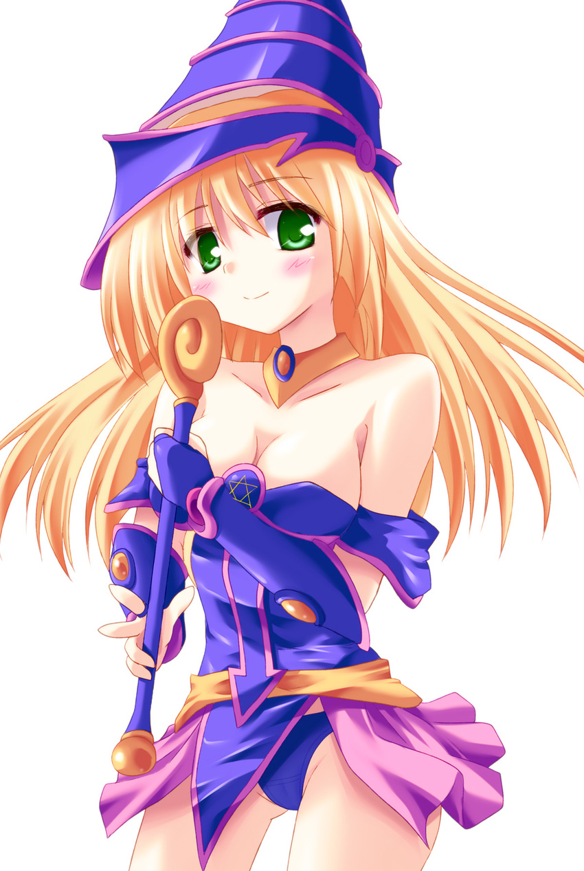 blush breasts cleavage dark_magician_girl duel_monster hat highres smile staff takayuuki weapon yu-gi-oh! yuu-gi-ou_duel_monsters