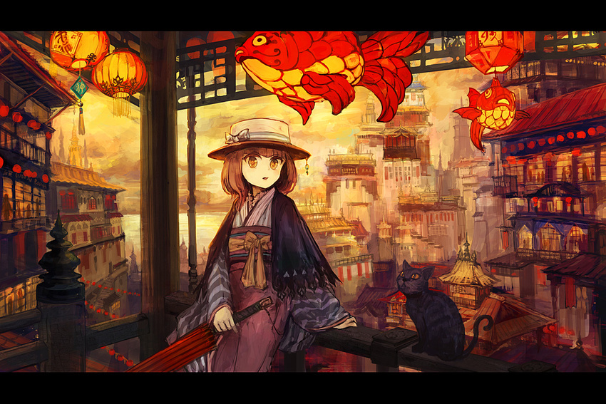 animal architecture arm_at_side bangs black_cat blunt_bangs bow brown_eyes brown_hair cat cityscape closed_mouth closed_umbrella east_asian_architecture fish hat hat_bow hat_ribbon hatoya_hato japanese_clothes kimono lantern letterboxed looking_at_viewer oriental_umbrella original pagoda paper_lantern parted_lips railing ribbon scenery shawl short_hair sitting sitting_on_railing solo striped sunset tassel themed_object town twilight umbrella white_hat wide_sleeves yellow_eyes yellow_sky