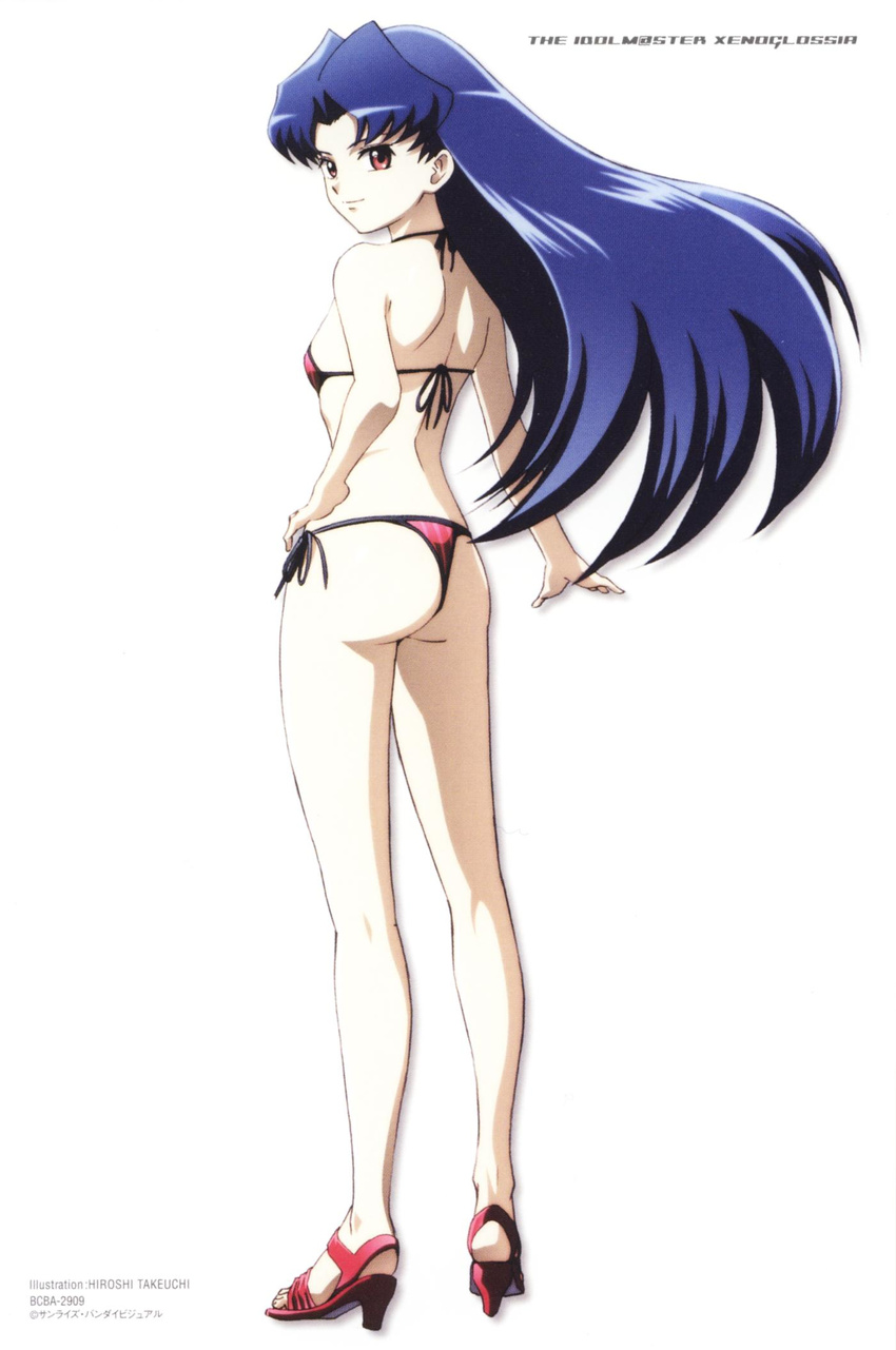 ass bikini high_heels highres idolmaster idolmaster_xenoglossia kisaragi_chihaya purple_bikini shoes side-tie_bikini solo striped striped_bikini swimsuit takeuchi_hiroshi thong_bikini vertical-striped_bikini vertical_stripes