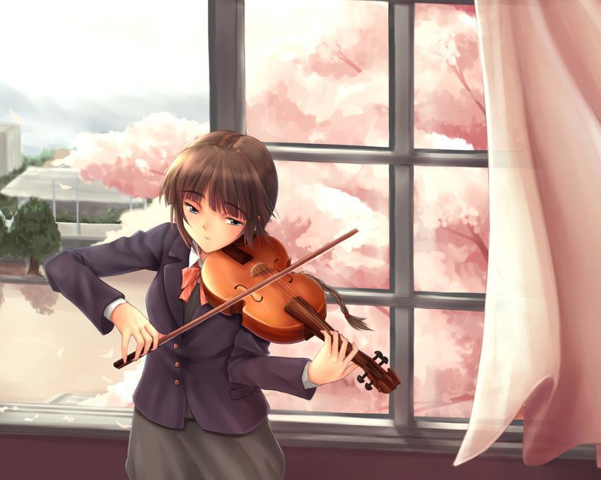 bad_id bad_pixiv_id bangs blazer blunt_bangs bow bowtie braid brown_hair buttons cherry_blossoms cloud cloudy_sky curtains day eyebrows eyebrows_visible_through_hair grey_skirt instrument jacket long_hair long_sleeves music original playing_instrument pocket school school_uniform shirt single_braid skirt sky solo striped striped_bow striped_neckwear tree violin violin_bow white_shirt window yuki_usagi_(mofurafu)