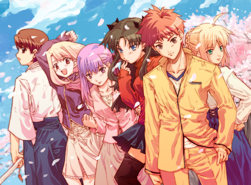 5girls artoria_pendragon_(all) brother_and_sister emiya_shirou fate/stay_night fate_(series) fujimura_taiga fuzuki_yoshihiro illyasviel_von_einzbern matou_sakura multiple_girls saber shinai siblings sword thighhighs toosaka_rin weapon