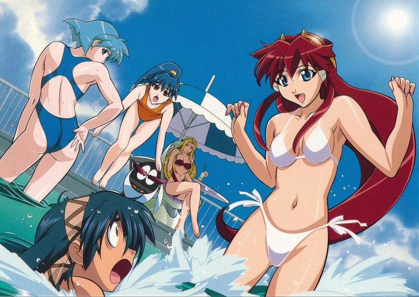 :d :o adjusting_clothes adjusting_swimsuit ass bandeau barefoot bent_over bikini blonde_hair blue_eyes blue_hair breasts casual_one-piece_swimsuit chair cleavage cloud competition_swimsuit crossed_legs day dita_liebely drink drinking_straw dutch_angle earrings feet fence flat_chest green_eyes hair_ornament hairband hibiki_tokai highres jewelry jumping jura_basil_elden kuroda_kazuya legs long_hair looking_back medium_breasts meia_gisborn misty_cornwell multiple_girls navel necklace one-piece_swimsuit open_mouth outdoors partially_submerged pool poolside pyoro red_eyes red_hair robot scan scan_artifacts short_hair side-tie_bikini sitting sky smile splashing standing sun surprised swimsuit table thigh_gap toes umbrella underboob vandread very_long_hair wading water wet white_bikini